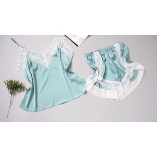 Bộ ngủ phi lụa viền ren trắng