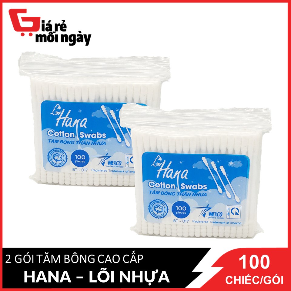 COMBO 2 Gói Tăm bông Hana Cotton Swabs gói Poly lõi nhựa - 100c