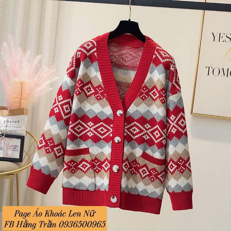 Áo khoác len cardigan nữ dáng dài from rộng họa tiết thổ cẩm.