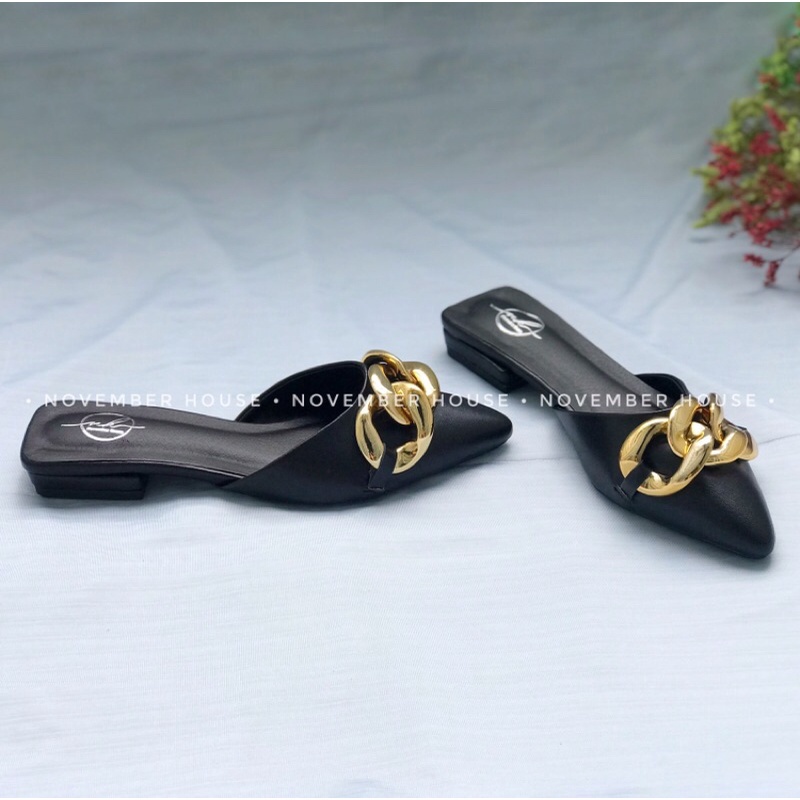 [Free Ship] Giày sục nữ gót thấp mũi nhọn 3 màu trang trí khóa xích basic shose_fashion13 TT24