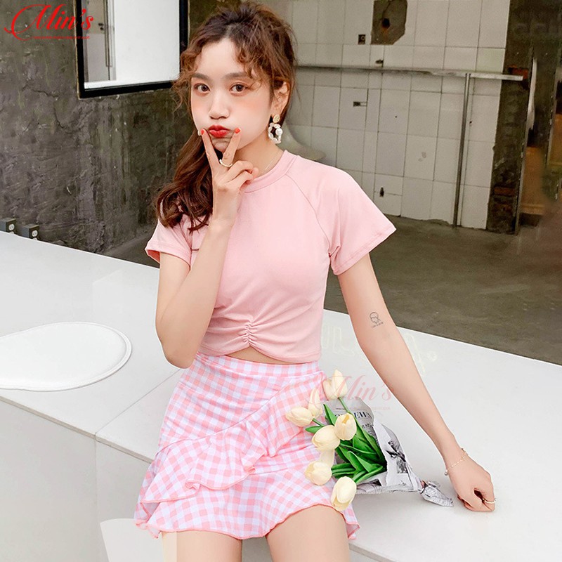 Đồ Bơi Nữ Đi Tắm Biển Mùa Hè Áo Tay Cộc Váy Kèm Quần Co Giãn Trẻ Trung 2 Màu Hồng, Vàng Chân Váy Caro MIN Bikini | BigBuy360 - bigbuy360.vn