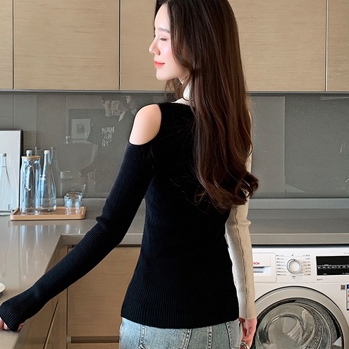 【ZHELIHANGFEI】Áo Sweater Dệt Kim Tay Dài Cổ Lọ Thiết Kế Trễ Vai Quyến Rũ