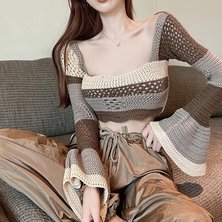 Áo Sweater Dệt Kim Tay Dài Cổ Vuông Họa Tiết Kẻ Sọc Màu Tương Phản Thời Trang Hàn Quốc Cho Nữ