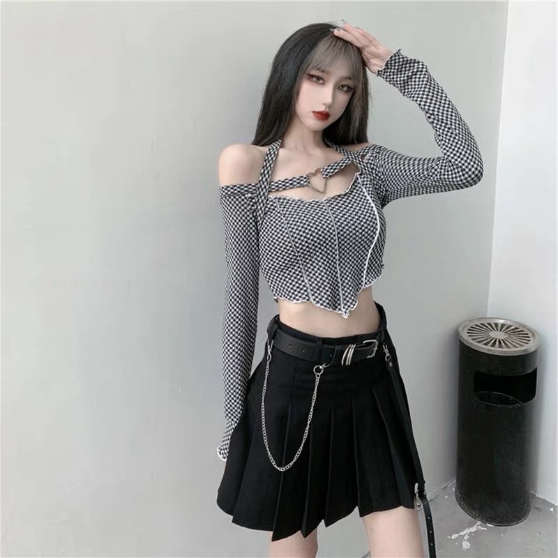 áo len dệt kim hoạ tiết caro kiểu trễ vai mix dây &amp; trái tim sexy (56305#)