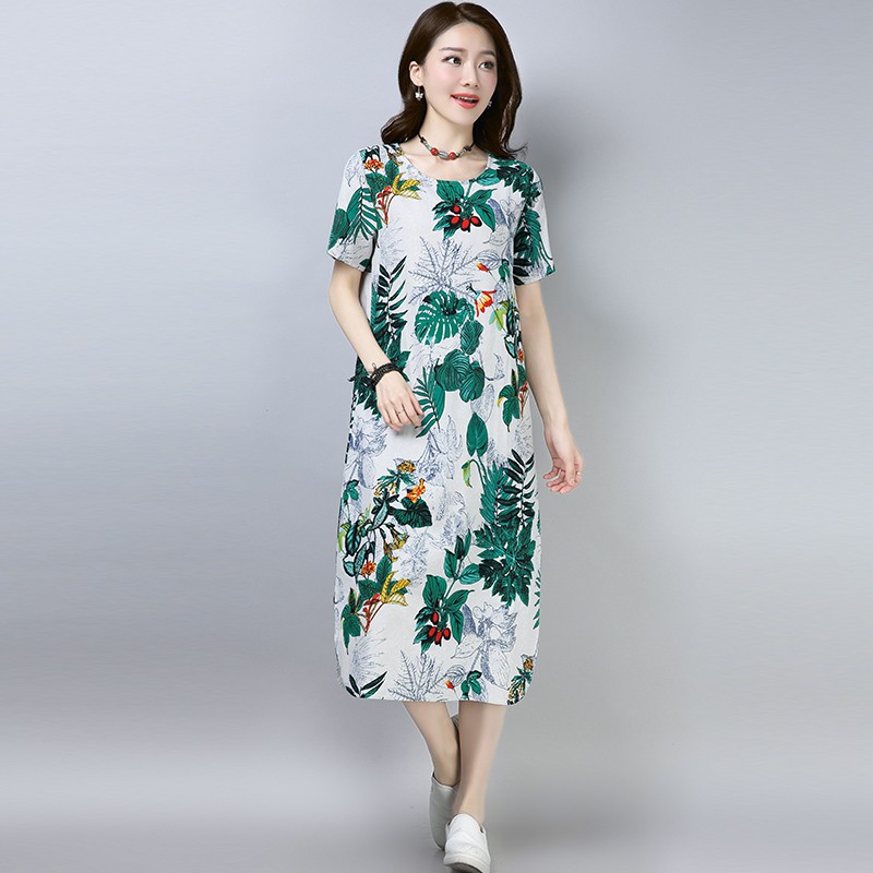 Đầm Cotton Lanh Form Rộng Ngắn Tay In Họa Tiết Phong Cách Hàn Quốc 2021 Cho Nữ