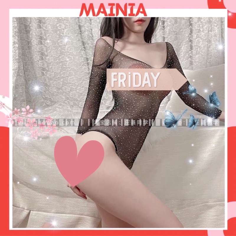 Bộ Đồ Ngủ Bodysuit Lưới Liền Thân Đính Đá Tay Dài Sexy Gợi Cảm Mainia Shop