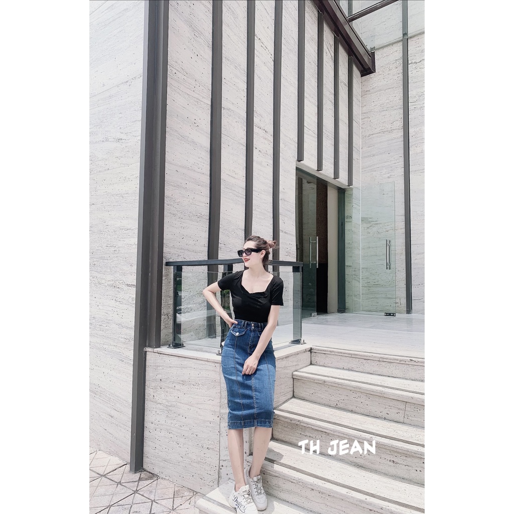 [TH Jeans] Váy bò trơn dáng dài qua gối, váy jeans lưng cao túi chéo phối gân, 2 khuy. Mã V0140 | BigBuy360 - bigbuy360.vn