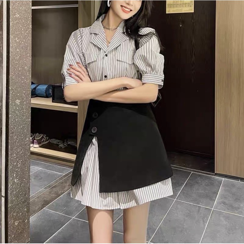 Set đầm sơ mi sọc kèm chân váy đen phối ngoài (kèm video shop quay) (BB17)