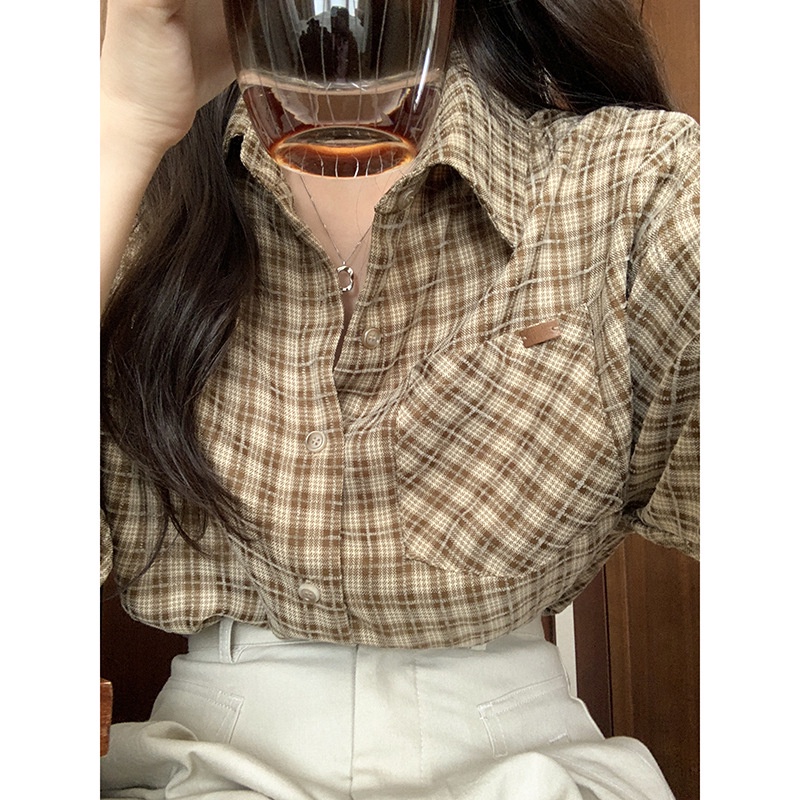 Áo sơ mi nữ Tay dài Kẻ sọc caro Thiết kế Form rộng Hàn Quốc Sơ mi nữ Dài tay Retro Cổ điển Vintage Cao cấp