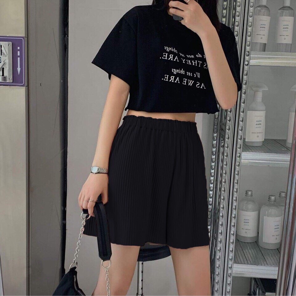 Quần Short Ngố Tăm Dập Ly - Quần Ngắn Ống Rộng Lưng Cao Phong Cách Hàn Quốc - Quần Đùi Nữ Lưng Thun Xếp Li Màu Đen