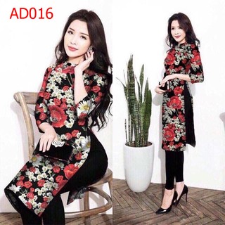 AD016 Có size lớn 4XL Áo Dài Cách Tân họa tiết hoa cúc nền đen in 3D in 2 mặt