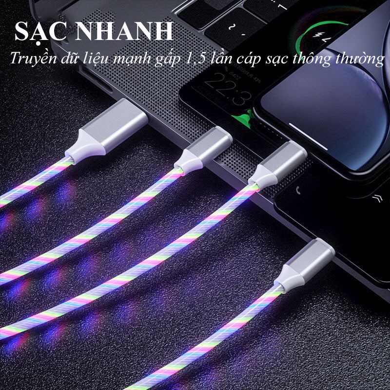 Cáp Sạc Nhanh 3 Đầu Siêu Bền, Có Đèn Led Nhấp Nháy Dành Cho Iphone Samsung Android Type C