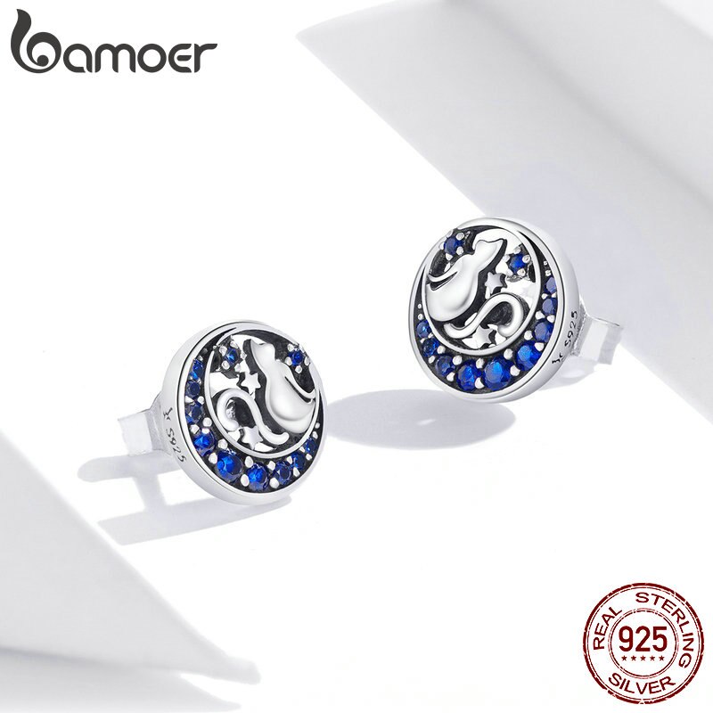 Bông Tai Bamoer Bằng Bạc 925 Hình Mèo Ngồi Trên Mặt Trăng Cho Nữ