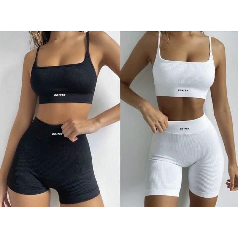 Bộ đồ tập gym yoga thể thao nữ, set quần đùi áo bra 2 dây dệt kim quảng châu cao cấp Bin Sports BN081