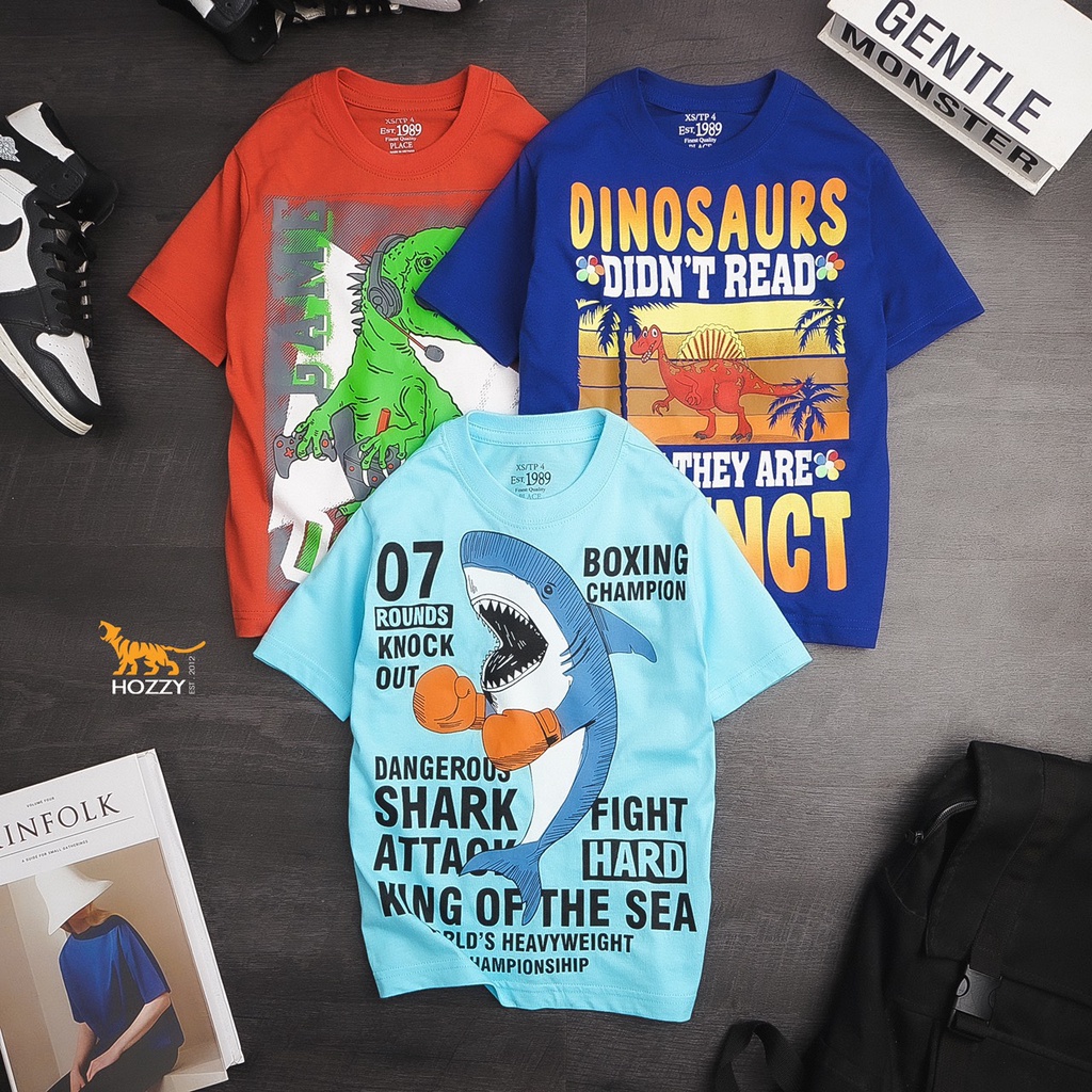 Áo thun bé trai Place chất cotton mềm co giãn in hình khủng long xe hơi size 4-14 tuổi