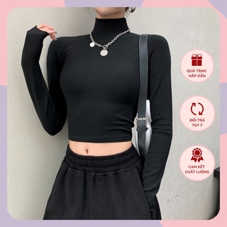 Áo body cổ cao 3cm croptop áo thun len tăm tay dài WANAWEAR dáng ôm quyến rũ cực xinh màu đen trắng xám