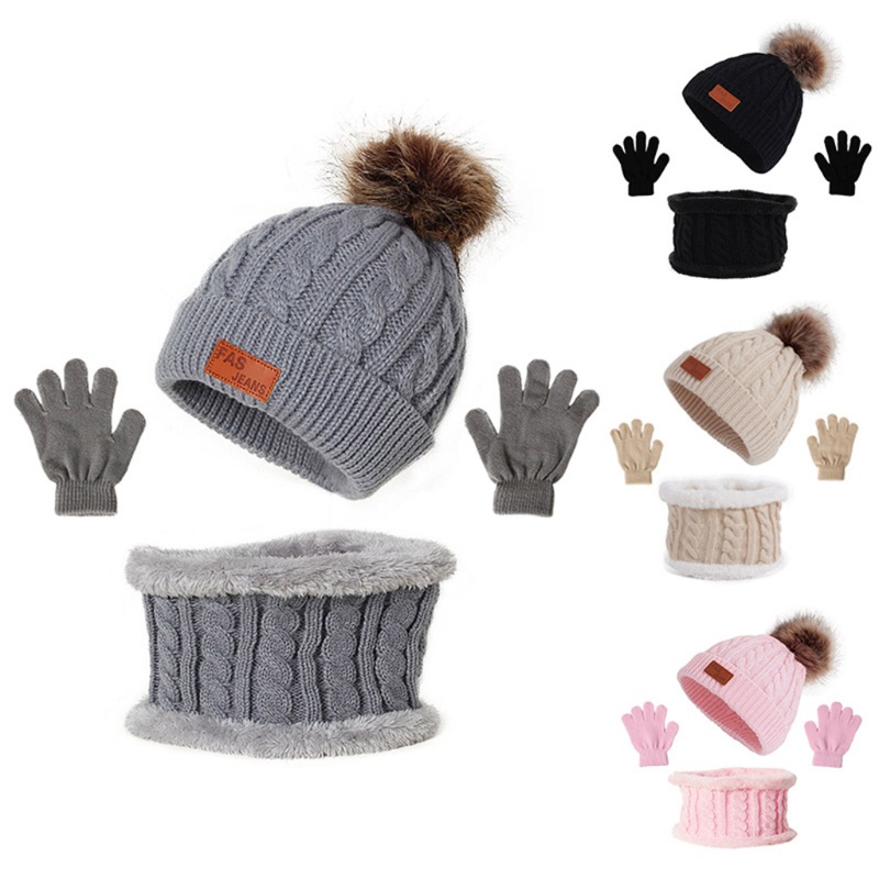Set 3 Món Gồm Mũ Len + Găng Tay + Găng Tay + Khăn Choàng + Găng Tay Bằng Lông Màu Trơn