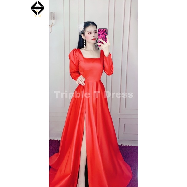 Đầm maxi dự tiệc mặc cưới xẻ đùi tay dài cổ vuông TRIPBLE T DRESS-Size S/M/L- MS284V