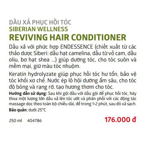 Dầu gội xả phục hồi tóc thảo dược thiên nhiên Reviving Shampoo Siberian Wellness Siberi Nga