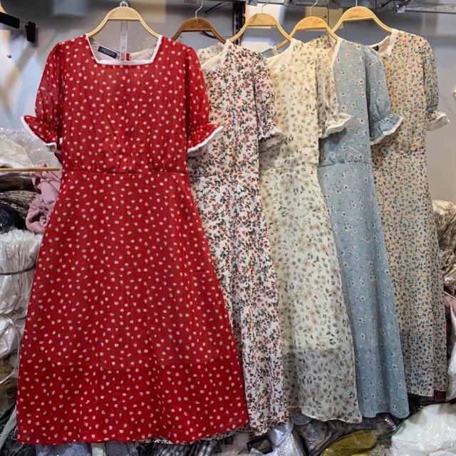 [Mã WASTMAY giảm 15% tối đa 30K đơn 150K] [VIDEO] Đầm hoa nhí cổ vuông ren tay ngắn 5 màu mới về - đầm vintage