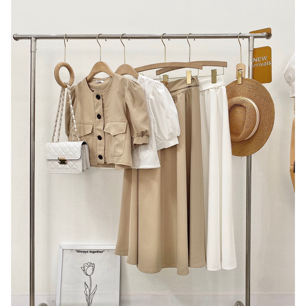 SÉT ÁO KÈM CHÂN VÁY CẠP CHUN 2 MÀU TRẮNG BE