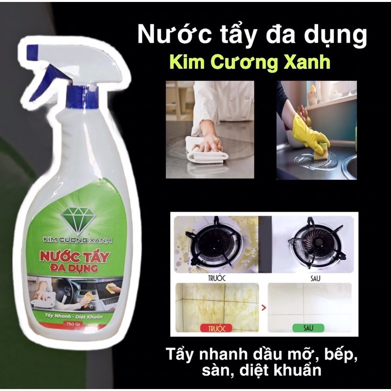 Nước tẩy nhà bếp, gạch men, vòi inox, cặn canxi, dầu mỡ trên máy hút mùi, bếp gas, bếp từ KIM CƯƠNG XANH 750gr