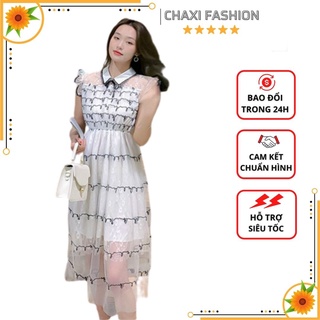 HÀNG NHẬP - ĐẦM XÒE REN LƯỚI MÀU TRẮNG VIỀN KIM SA TIỂU THƯ - MH268385