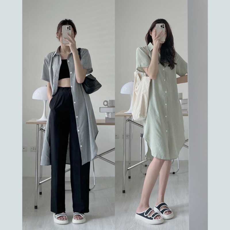 Váy đầm sơ mi kẻ caro nhỏ vạt bầu tôn dáng phong cách Hàn Quốc Aimee closet
