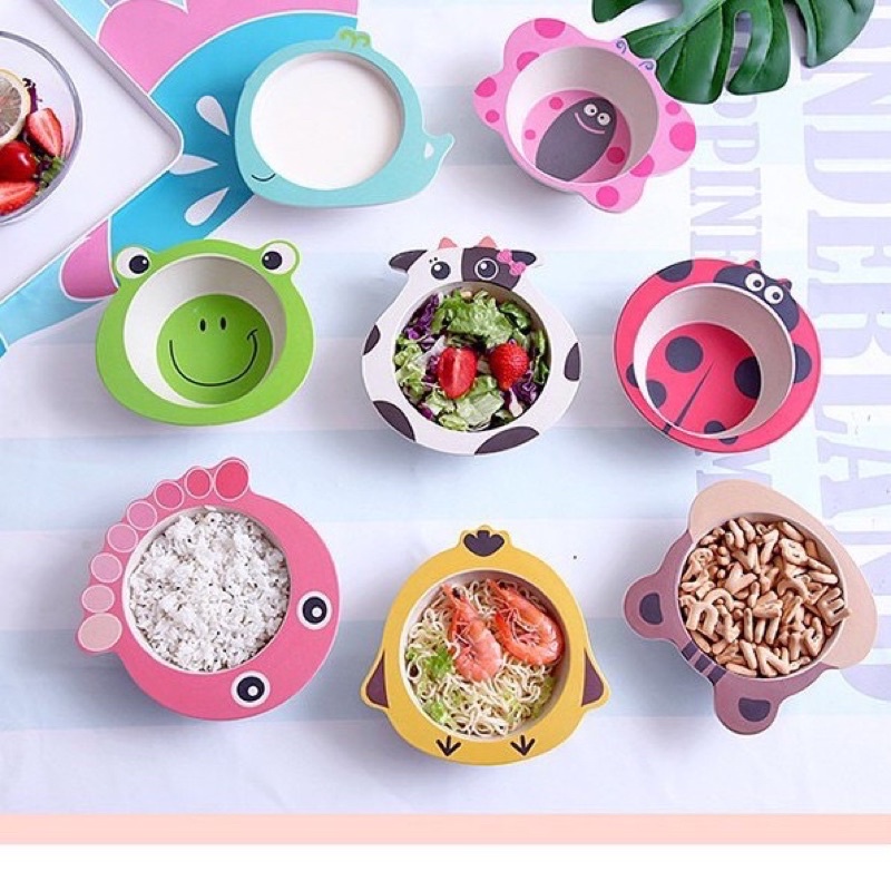 Bát ăn dặm lúa mạch cho bé hình thú cưng, Chén ăn dặm làm từ chất liệu nhựa sợi tre, chịu nhiệt cao, không độc hại