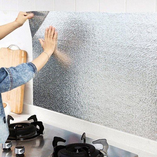 Giấy dán bếp tráng nhôm chống thấm màu bạc nhà bếp tiện dụngmeomeo