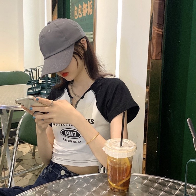 Áo phông croptop cổ V tay ngắn, áo croptop nữ tay ngắn chất thun đẹp