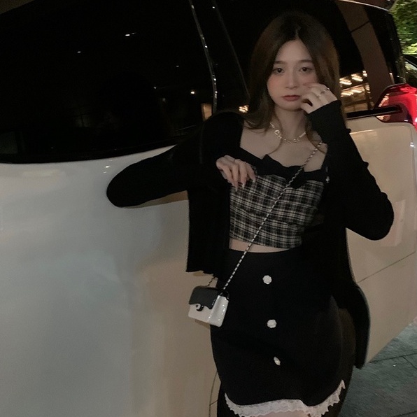 Áo hai dây ZHELIHANGFEI vải dệt kim ngắn thắt nơ họa tiết ca rô