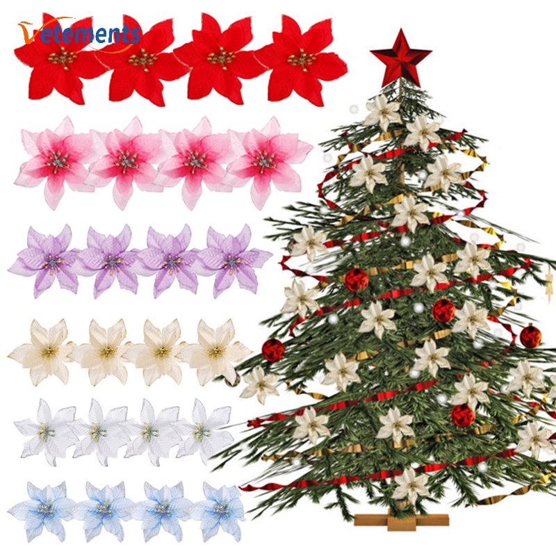Set 10 Hoa Giả Viền Vàng Lấp Lánh Trang Trí Cây Thông Giáng Sinh Năm Mới DIY