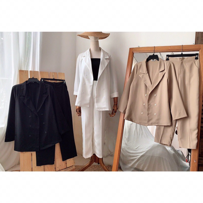 Set vest: áo khoác Blazer + quần baggy 9 tấc Korea trắng đen nude xanh