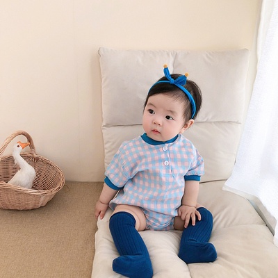 Áo Liền Quần Tay Ngắn Chất Liệu Cotton Họa Tiết Sọc Caro Cho Bé Trai 0-18 Tháng Tuổi