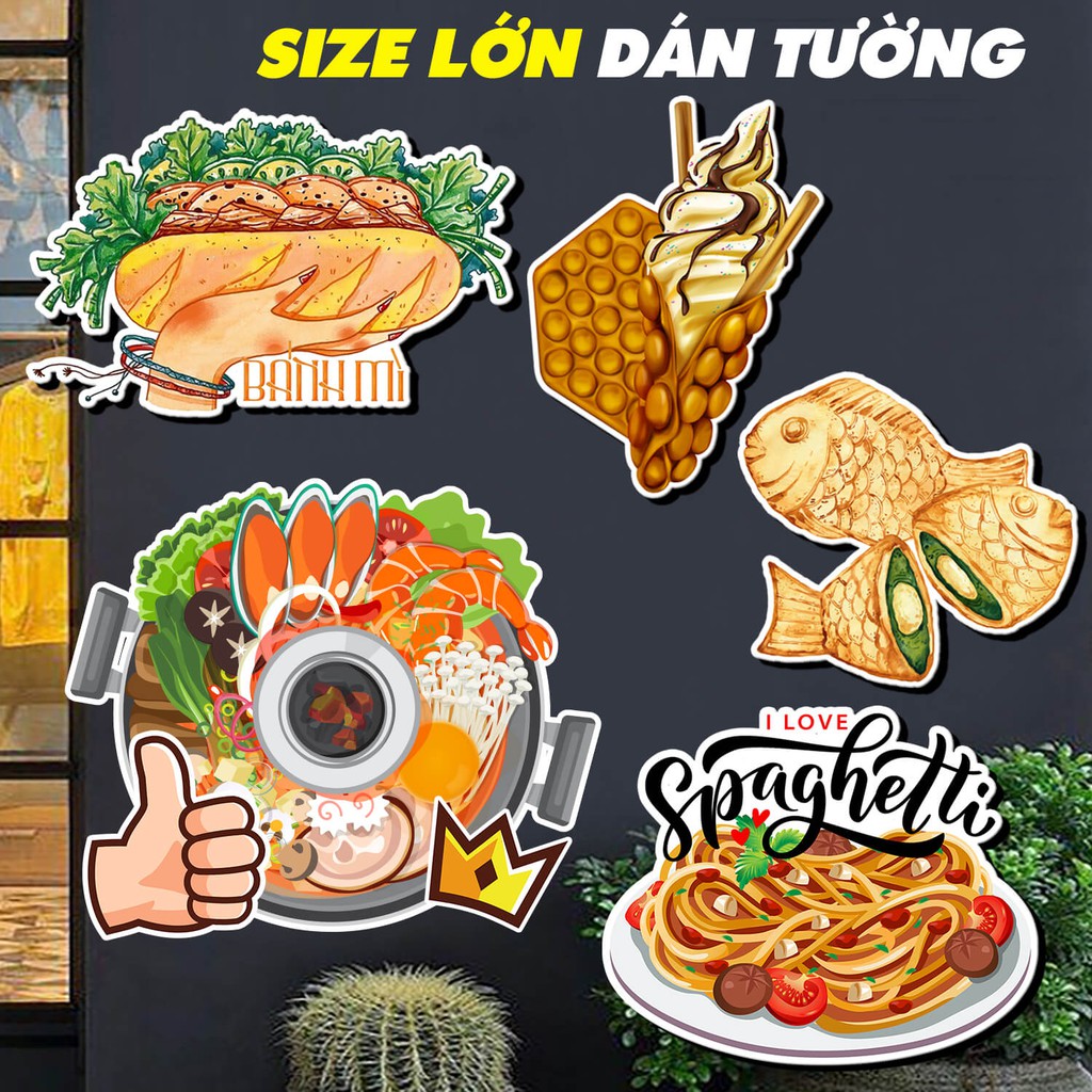 Sticker hình dán ẩm thực 𝑭𝒓𝒆𝒆𝒔𝒉𝒊𝒑 trang trí quán ăn, decor quán, xe bánh mì, bánh cá, bánh trứng, lẩu, spaghetti