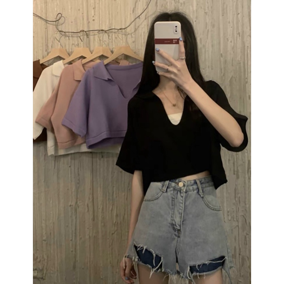 Áo Croptop Form Rộng Kiểu Cổ Bẻ Chất Gân Thời Trang  TTVV0124