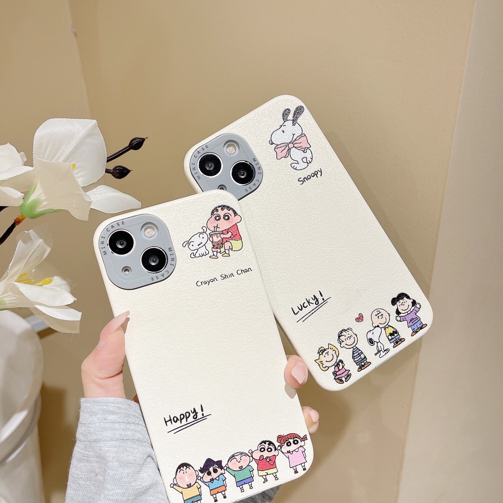 Ốp Điện Thoại Da In Hoạt Hình Snoopy / Cậu Bé Bút Chì Shin Chan Vui Nhộn Chống Sốc Bảo Vệ Toàn Diện