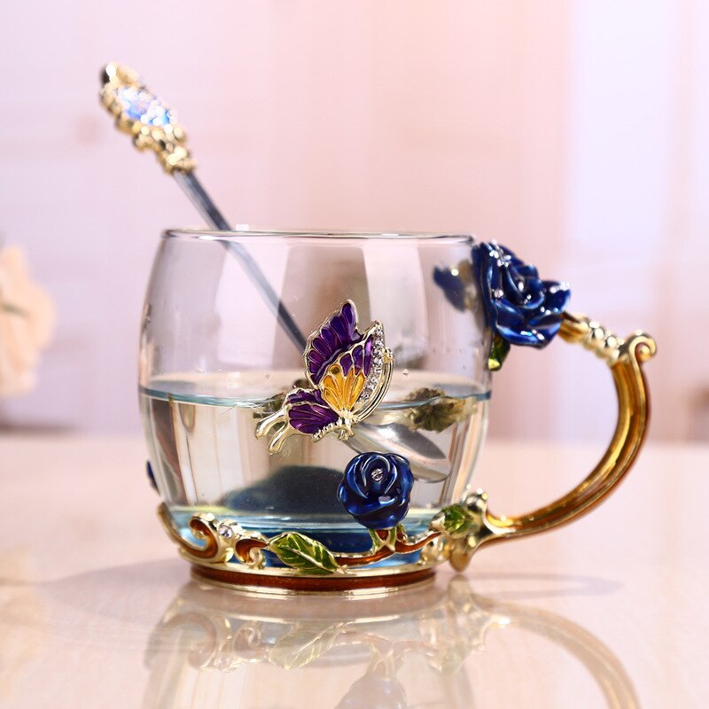 Hoa hồng xanh Men pha lê Tách trà Tách cà phê Bướm hoa hồng Vẽ hoa Tách nước trong suốt Nắp muỗng thủy tinh