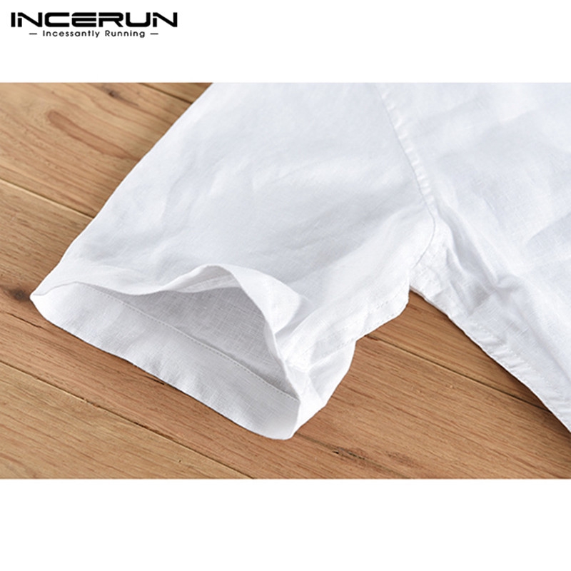 INCERUN Men Slim Fit Cotton Linen Plain V Neck Short Sleeve Shirt | BigBuy360 - bigbuy360.vn