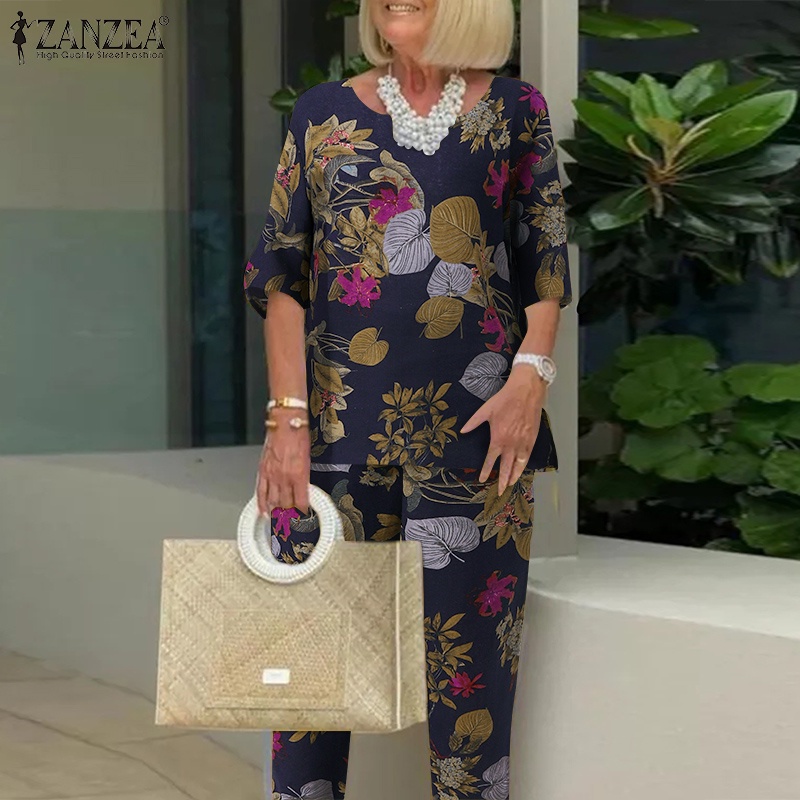 Bộ đồ 2 món ZANZEA gồm áo thun tay ngắn cổ tròn và quần dài in họa tiết dễ thương thời trang dành cho nữ