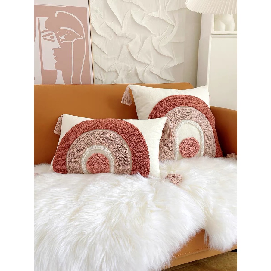 Gối tựa lưng trang trí sofa phong cách Bohemian Boho họa tiết cầu vồng 3D có tuarua cao cấp LiMinHo Shop