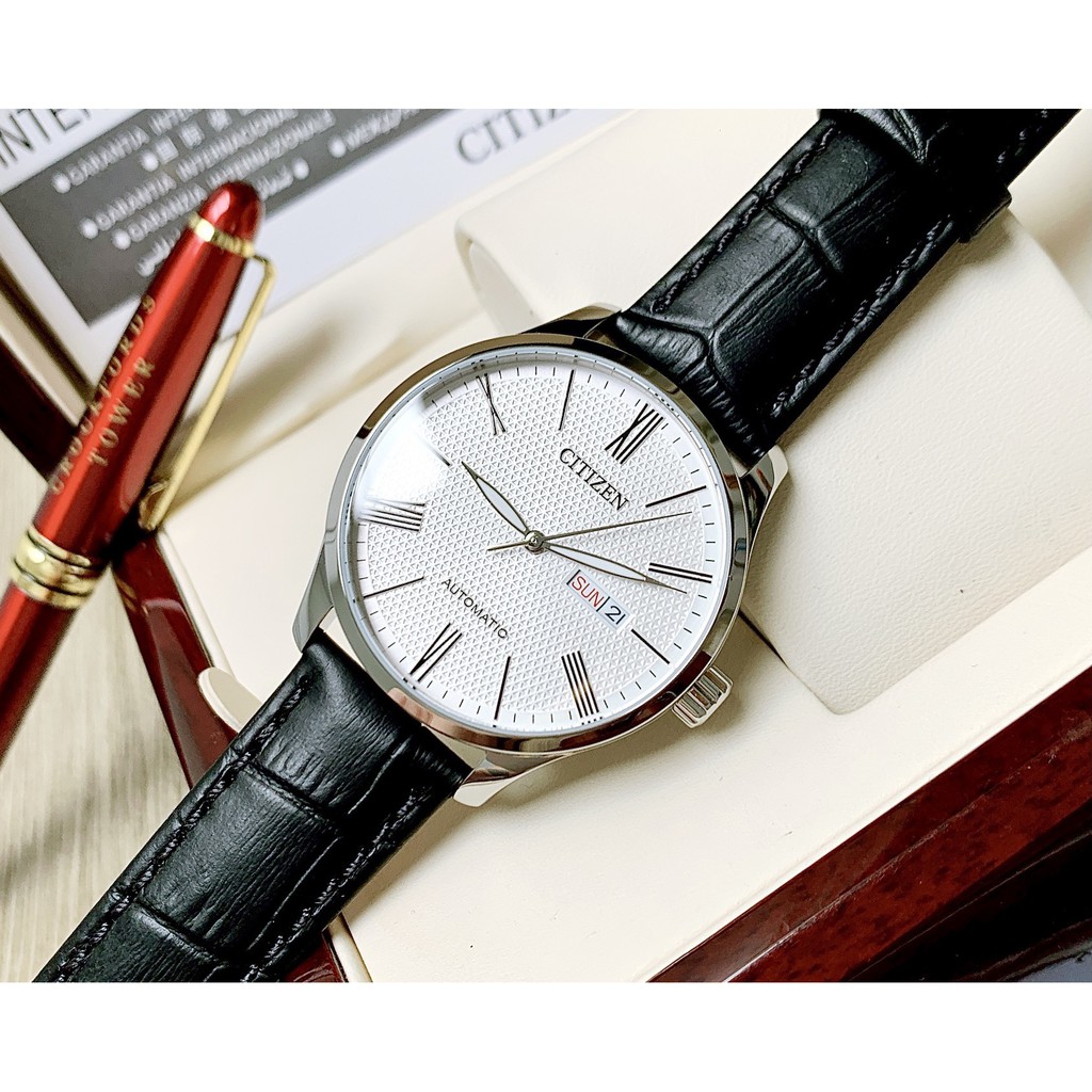 Đồng hồ Nam chính hãng Citizen Automatic NH8350-08A Size 40,Mặt trắng,Lịch-Máy cơ tự động-Dây da đen cao cấp