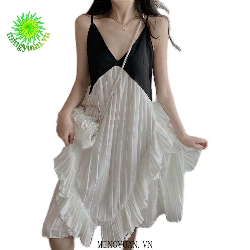 ( Mingyuan ) New retro pleated V-neck strap dress