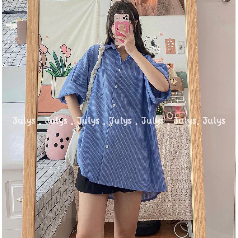 Áo sơ mi cộc tay form rộng kẻ sọc ulzzang