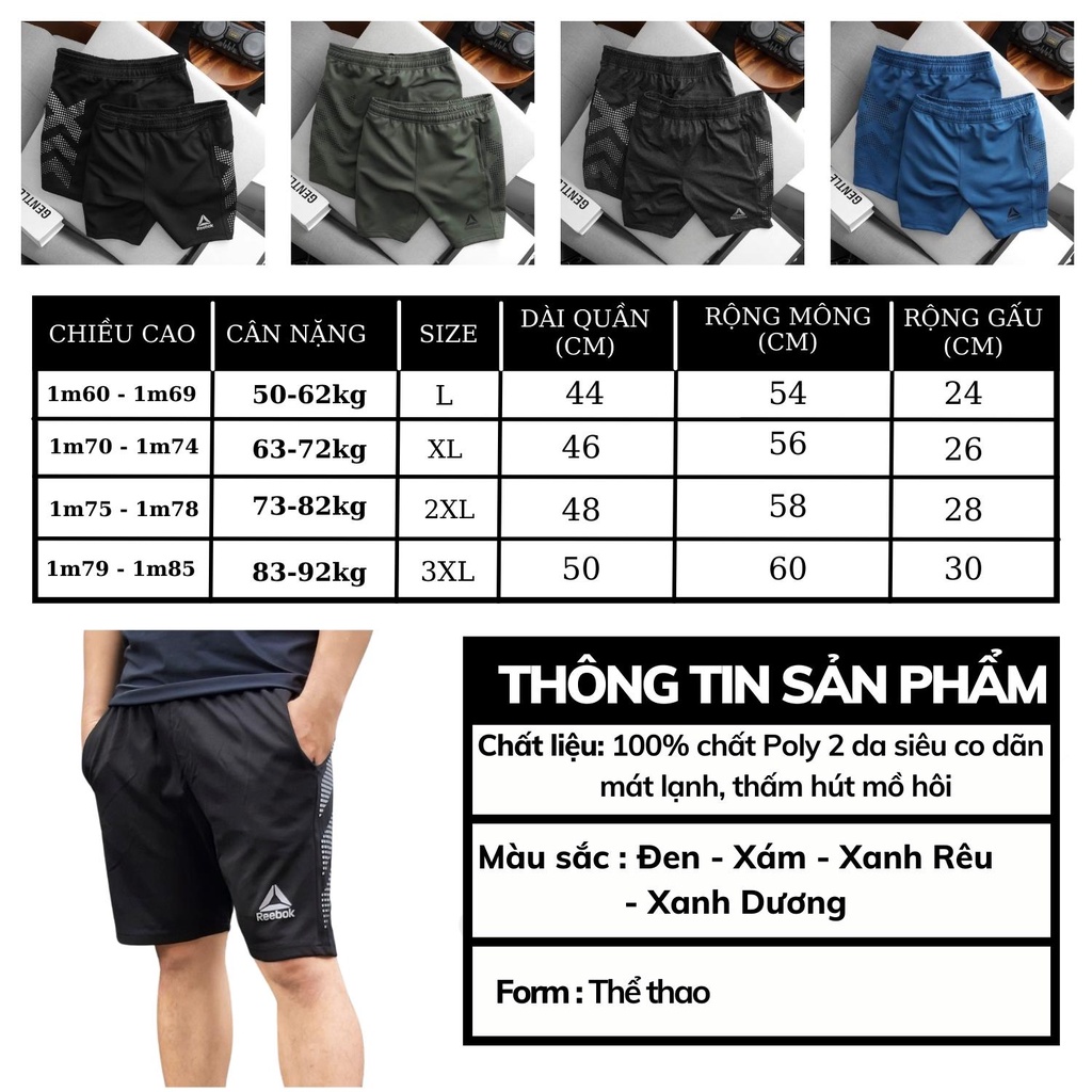 Quần short nam thể thao tập gym chạy bộ 𝗥𝗘𝗘𝗕𝗢𝗞 co giãn vải 2 da nhập khẩu cao cấp - 5 MÀU