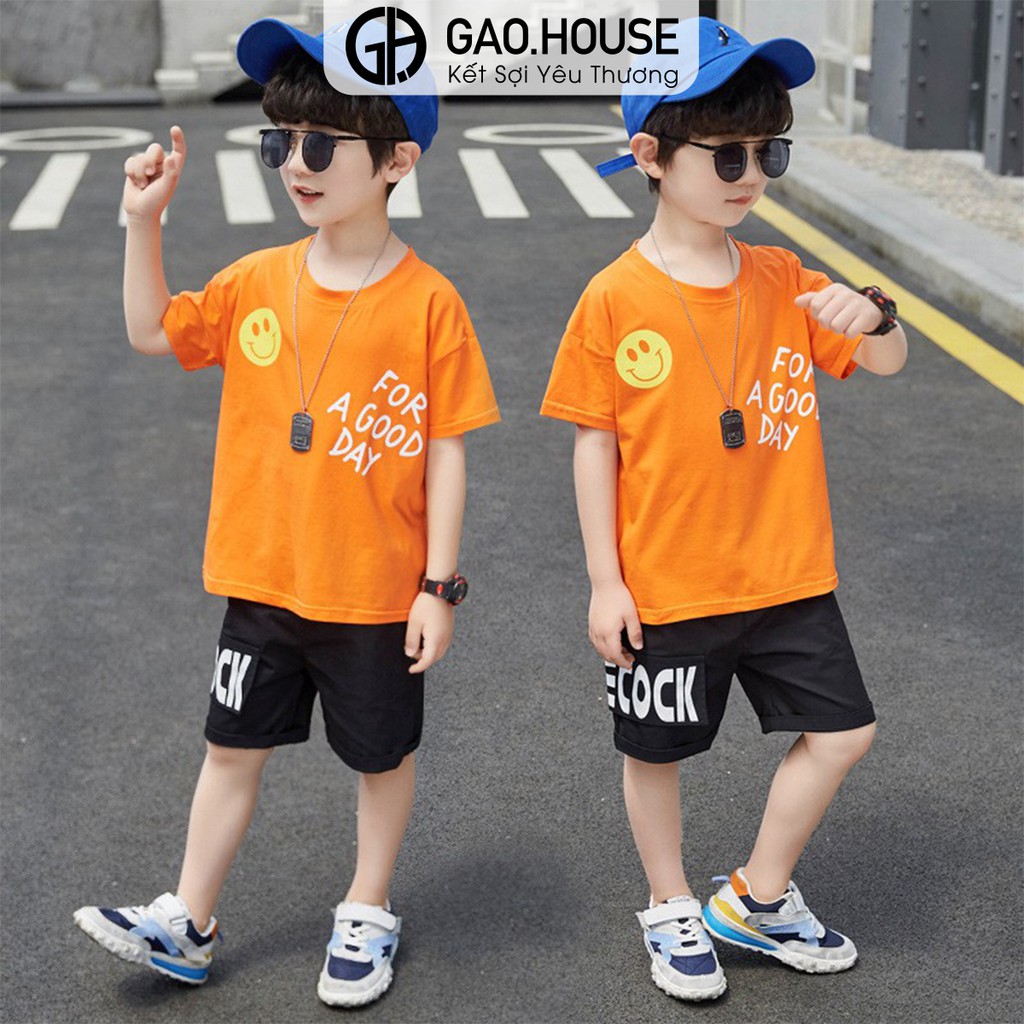 Bộ quần áo thun bé trai Gạo House cotton 4 chiều cổ tròn cộc tay For a good day T33