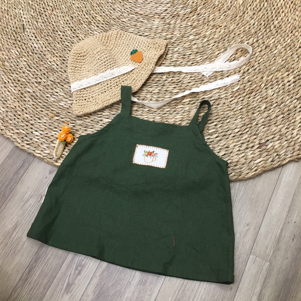 Áo hai dây bé gái Chin thêu ấm hoa chất linen mát mặc hè | Moon Ha Kids
