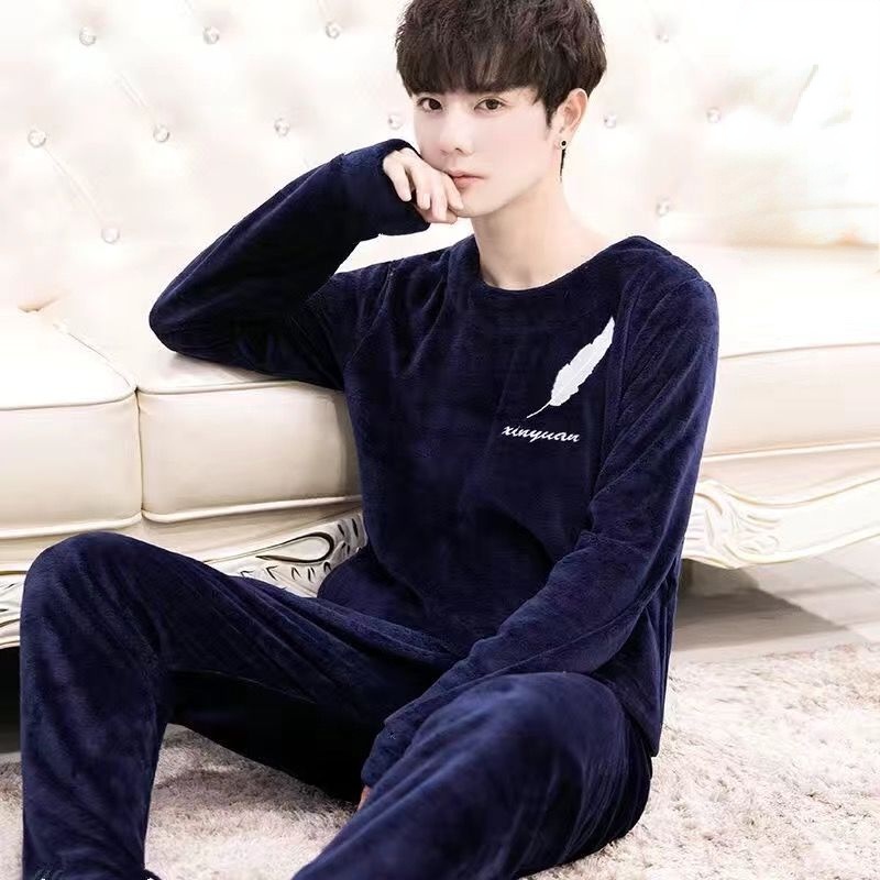 Bộ Đồ Ngủ Tay Dài Vải Flannel Phối Nhung Dày Ấm Áp Thời Trang Cho Nam