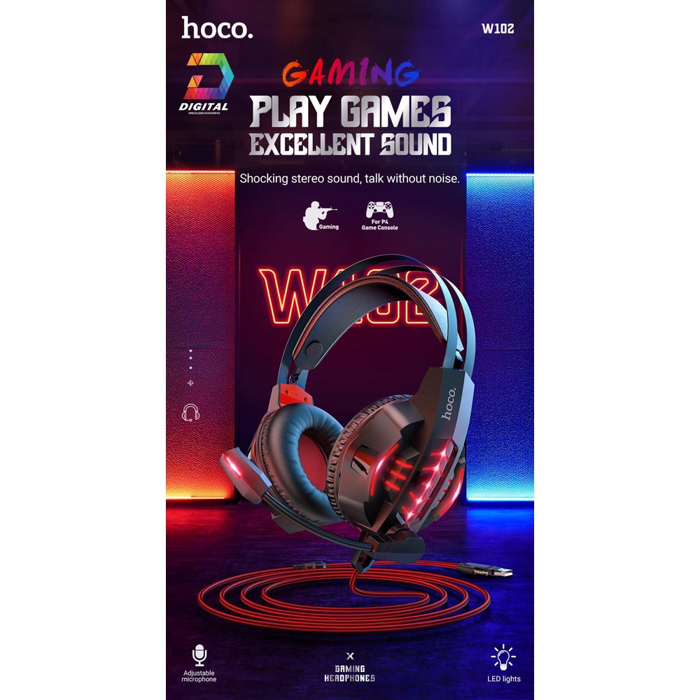 Tai Nghe Chụp Tai Hoco W102 Chính Hãng Có Led Hỗ Trợ Mic Đàm Thoại